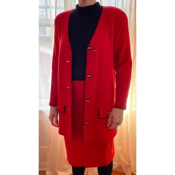 Steve Fabrikant Neiman Marcus Skirt Suit Small Red Wool Knit Suit Skirt Set - Picture 2 of 6